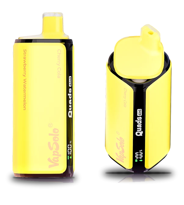 VapSolo Quads 80K sobre un podio con los sabores Cherry Cola, Strawberry Watermelon, Grapefruit Refresher, Juicy Peach Ice